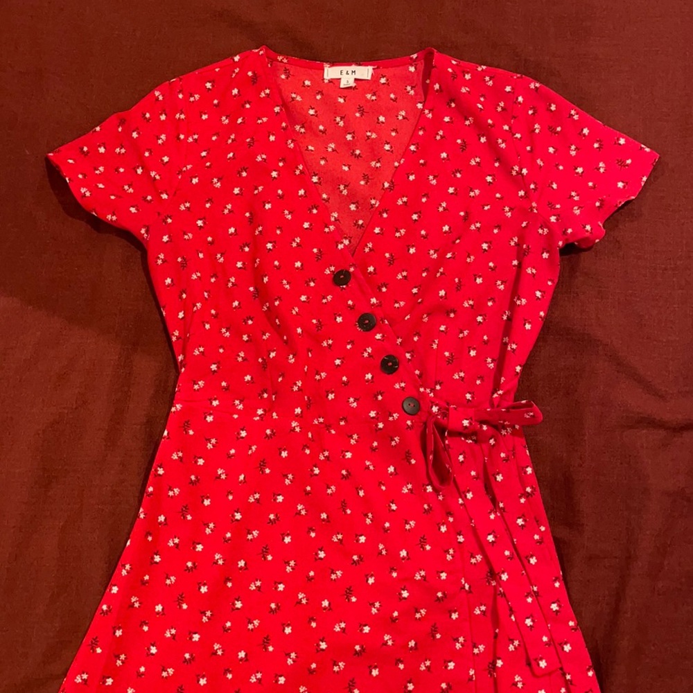 Bright red floral wrap dress. Size S.